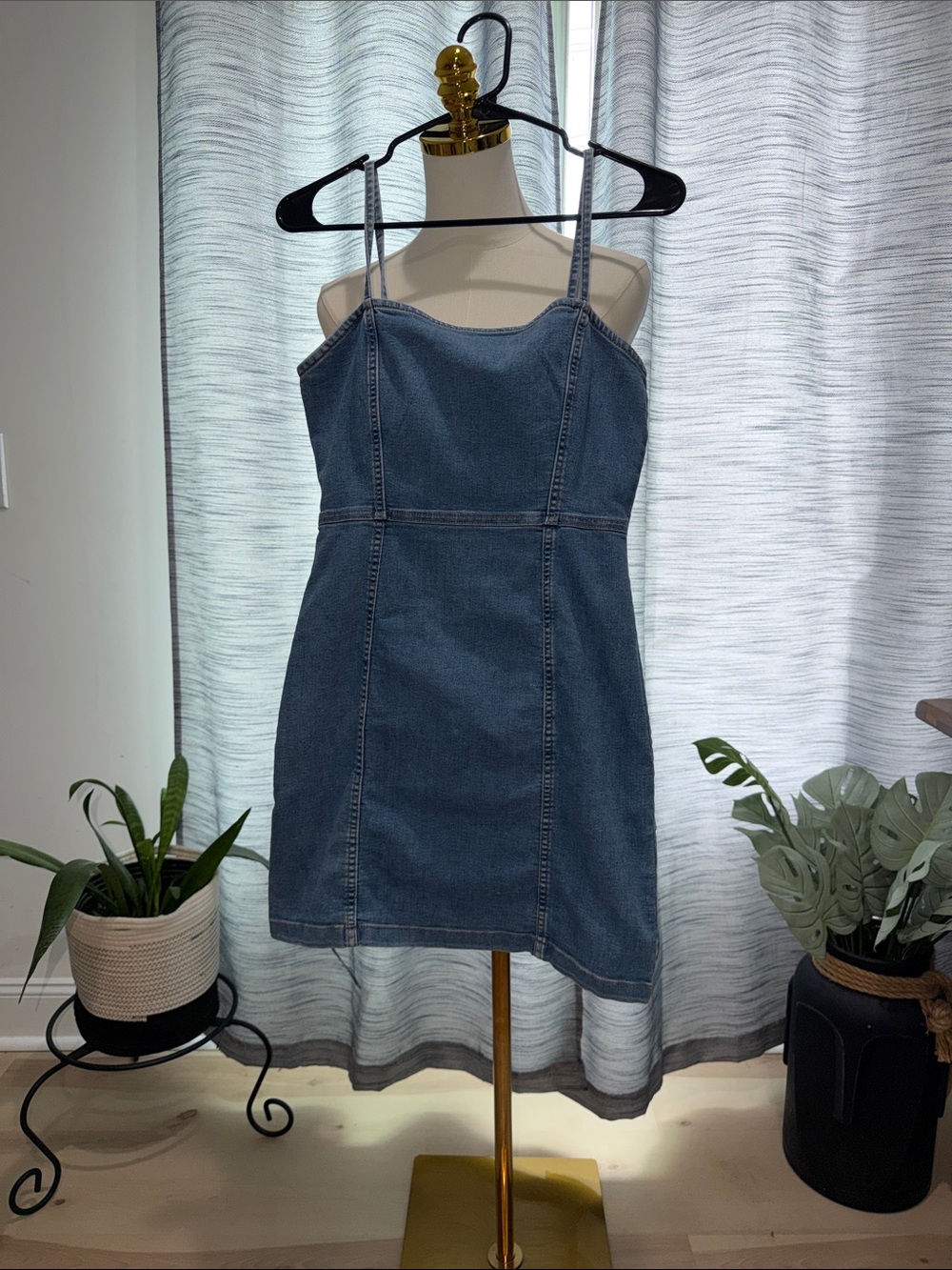 H&M Dark Blue Denim Spaghetti-Strap Mini Dress